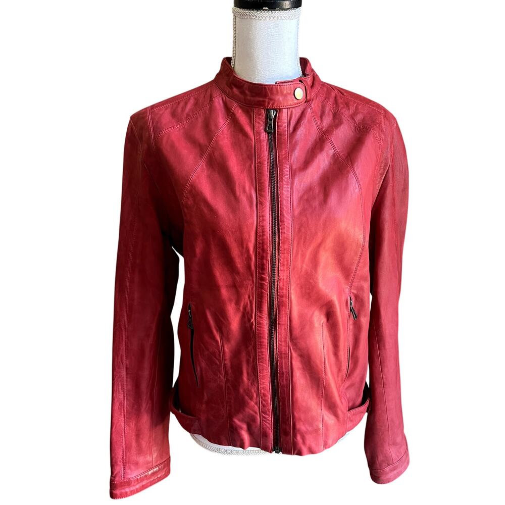 Overland red leather moto biker jacket size XL